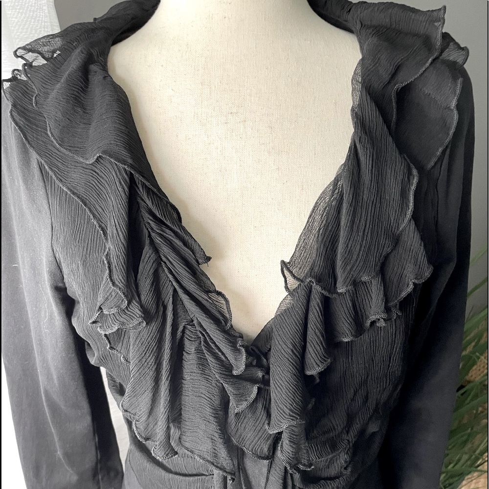 Black denim jacket by/Beshubie! Beautiful sheer ruffle trimmed collar cuffs/tie - Picture 2 of 8